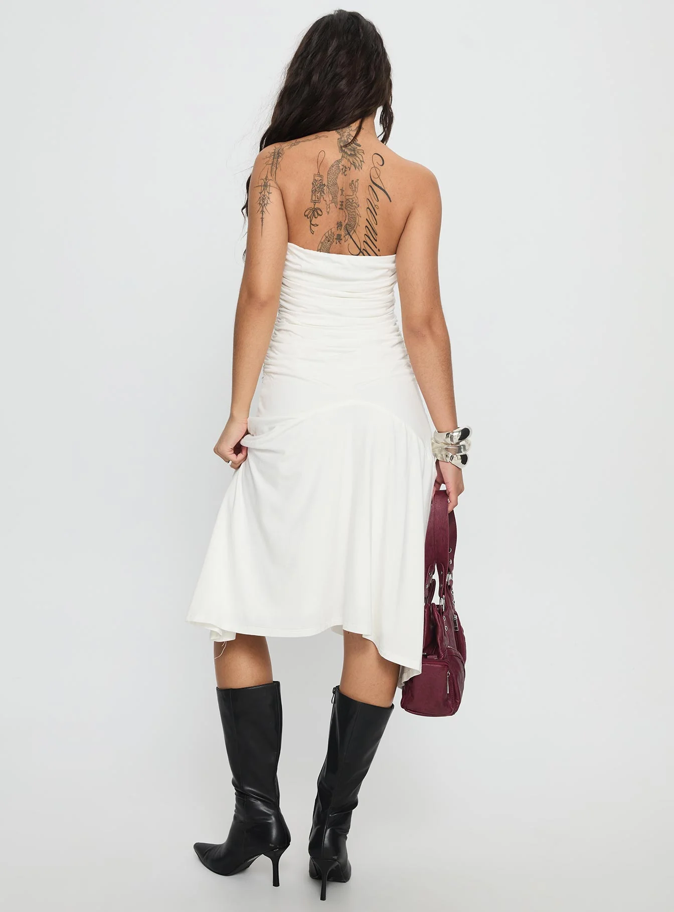 Rienna Strapless Asymmetrical Midi Dress White