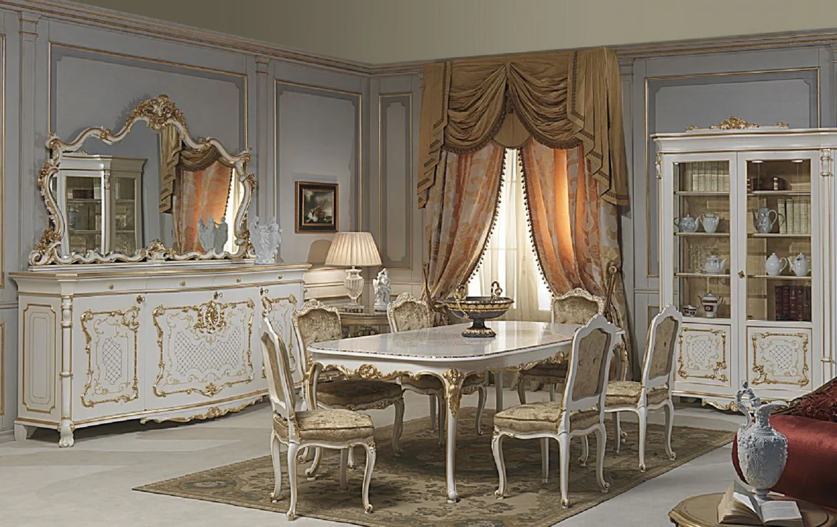 Luxury Baroque Dining Room Set White / Gold - 1 Dining Table & 6 Dining Chairs - Dining Room Furniture in Baroque Style - Hotel Restaurant Castle Furniture - Luxury Quality - Made in Italy