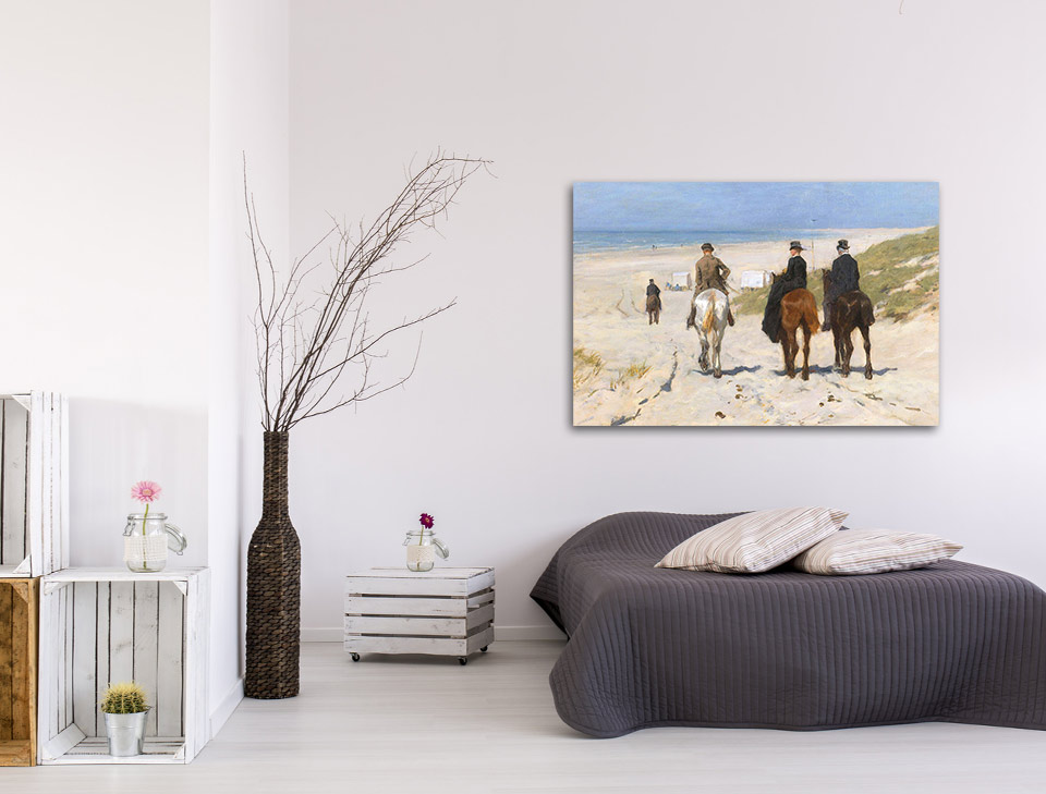 Canvas schilderij Morgenrit langs het strand 60 x 40 cm