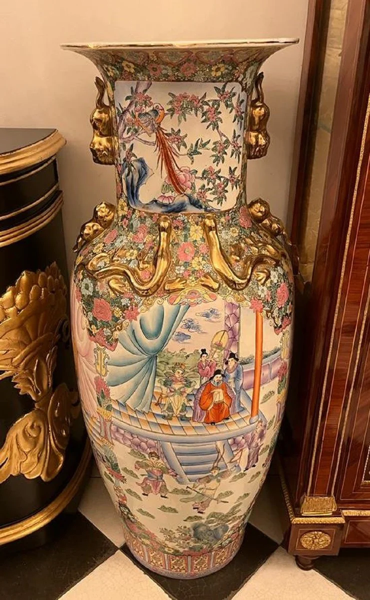 Luxury Baroque decorative vase white / multicolored / gold Ø 43 x H. 124 cm - Antique Chinese porcelain vase - Chinese luxury Baroque decorative accessories