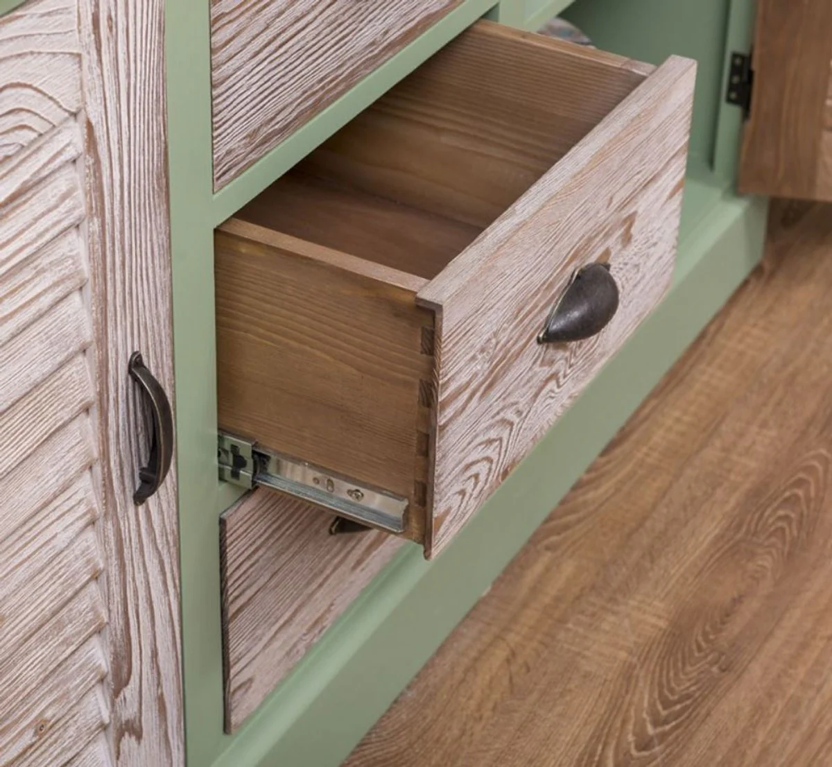 Country house style bathroom set green / natural colors - 1 double washbasin & 1 wall mirror & 1 shelf cabinet - solid wood bathroom furniture in country house style