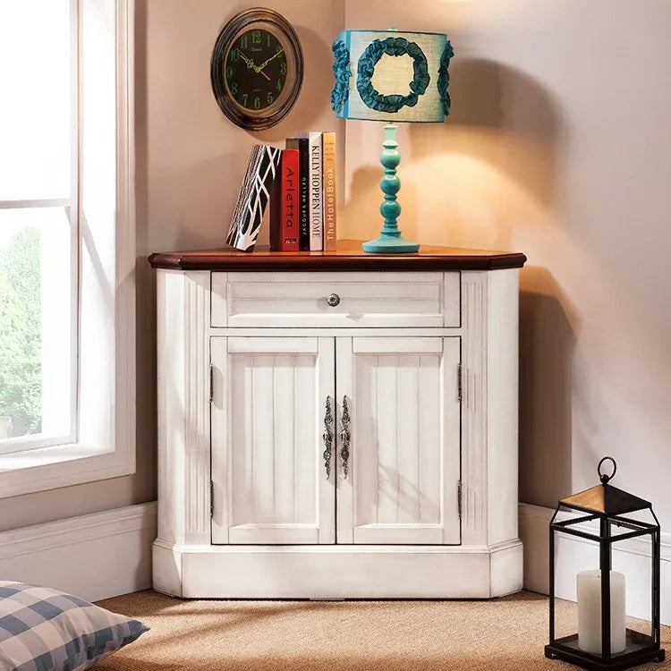 Farm Corner Accent Cabinet Distressed Triangle Cabinet with White Doors