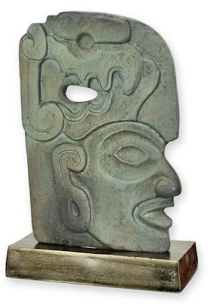 Luxury aluminum decorative sculpture Maya face antique mint green / gray / gold 24 x 10.4 x H. 35.4 cm - aluminum decorative figure - living room decoration - desk decoration