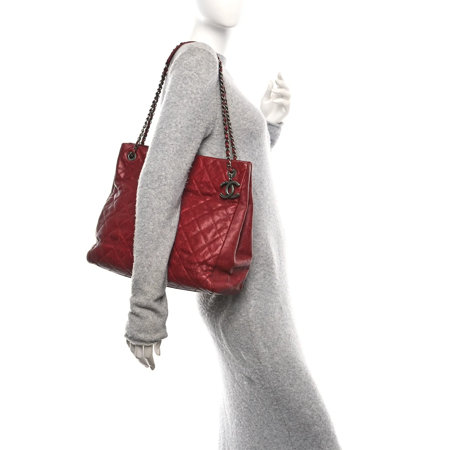 Iridescent Caviar Quilted Tall Chic Shopping Tote Red