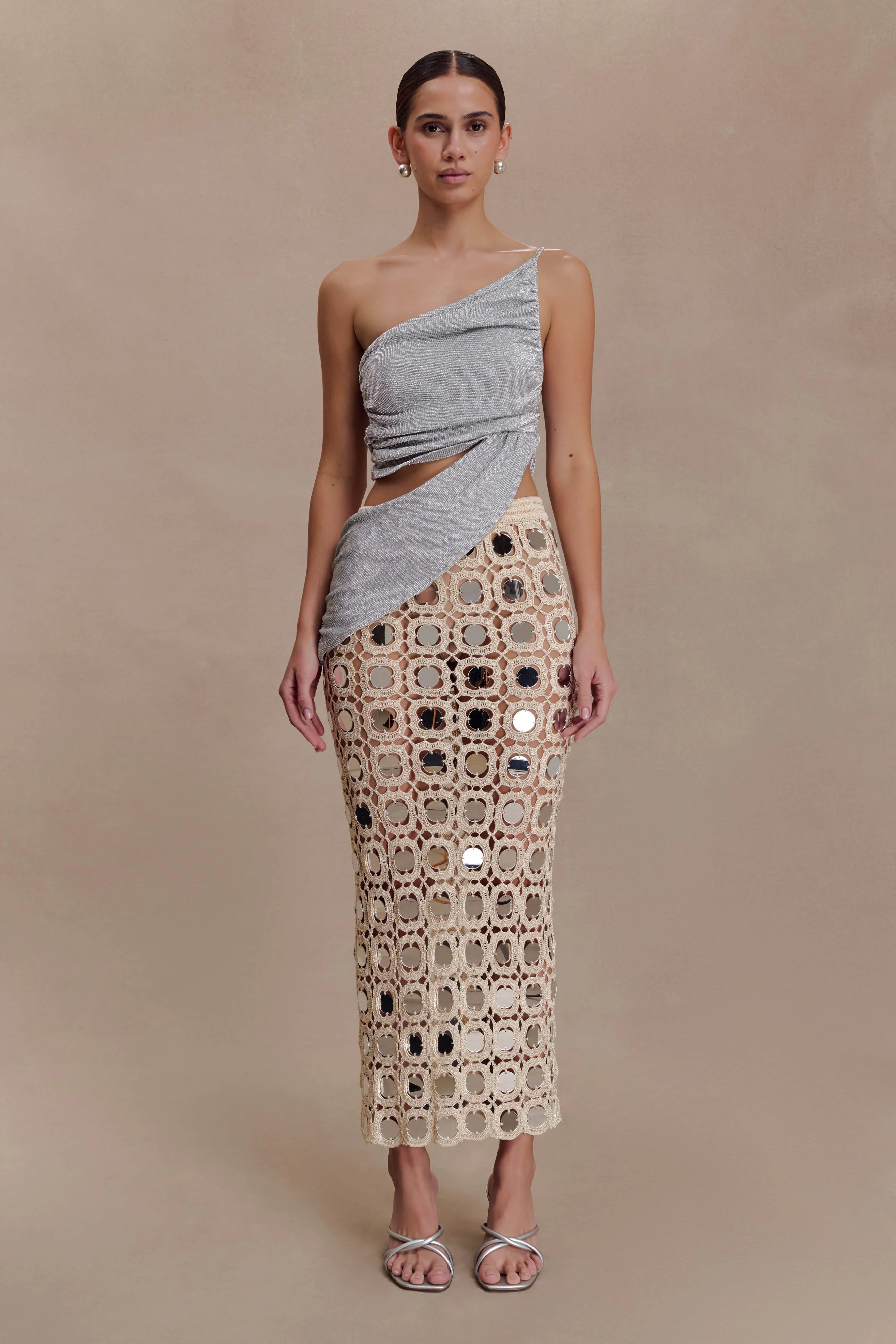Noel Mirror Knit Midi Skirt - Beige