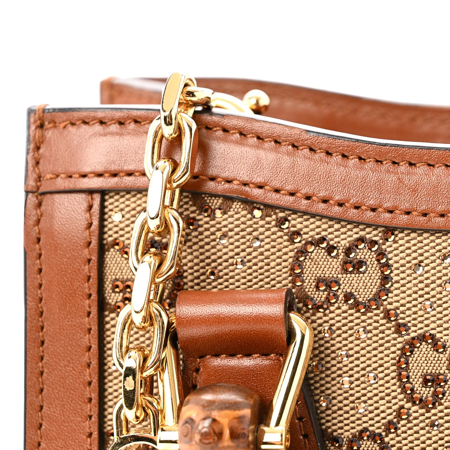New Canvas Charisma Calfskin Crystal GG Monogram Mini Diana Tote Bag Camel Ebony - Top Club