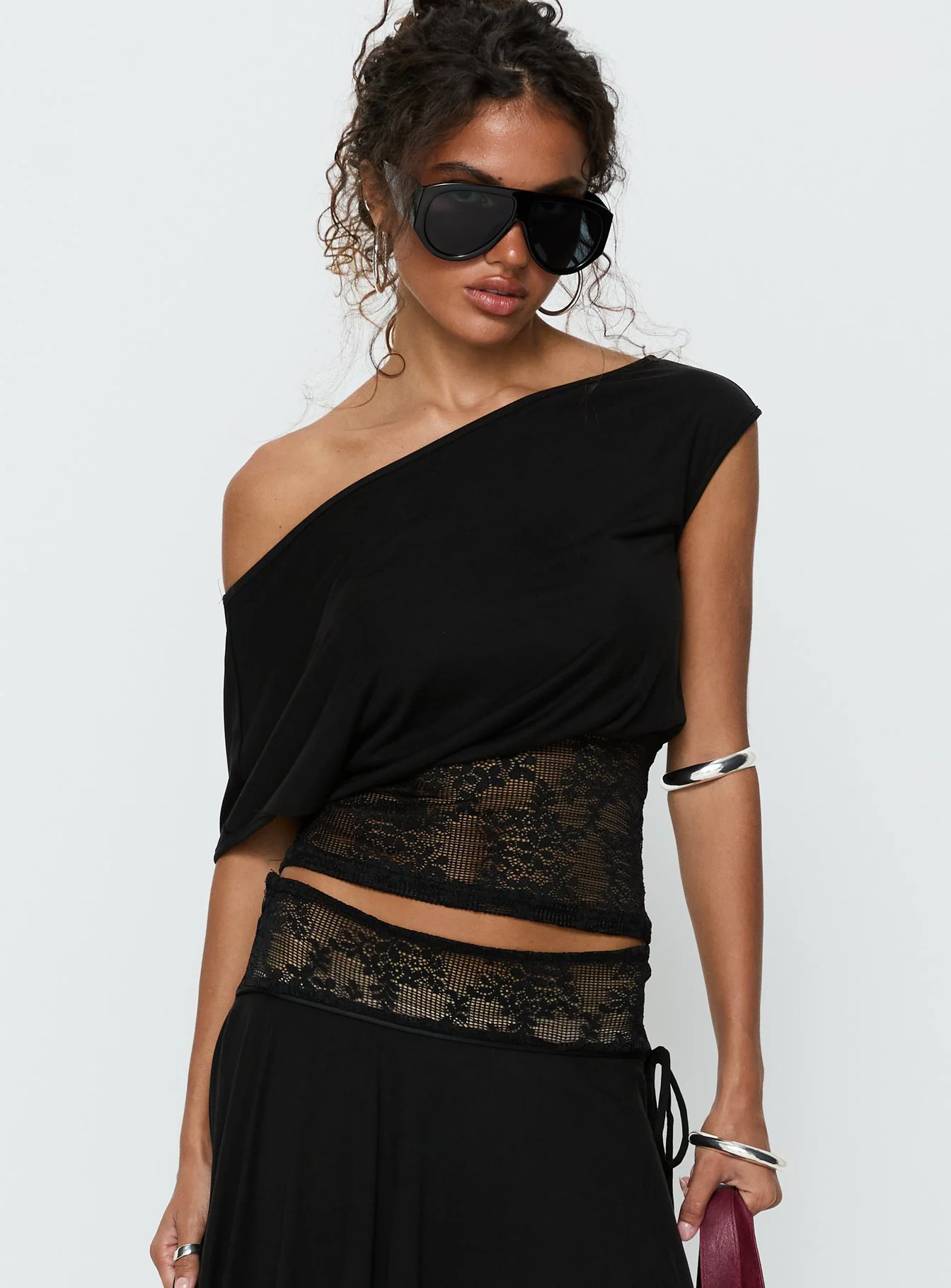 Marienna One Shoulder Lace Top Black