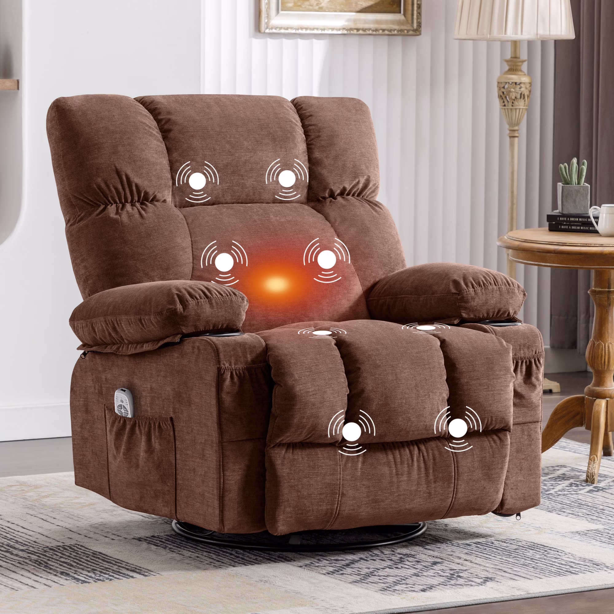 JONPONY Manual Recliner Chair with Heat Therapy and Massage Function, Heavy Duty Reclining Mechanism Massage Chair, Elderly Single Rocker Sofa with Cup Holders for Bedroom Home Theater, Grey
