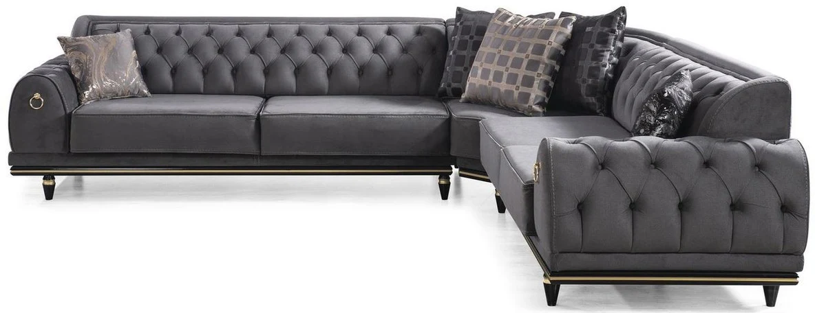 Luxury Art Deco Chesterfield corner sofa gray / black / gold 320 x 285 x H. 82 cm - Elegant living room sofa with decorative cushions - Luxury quality