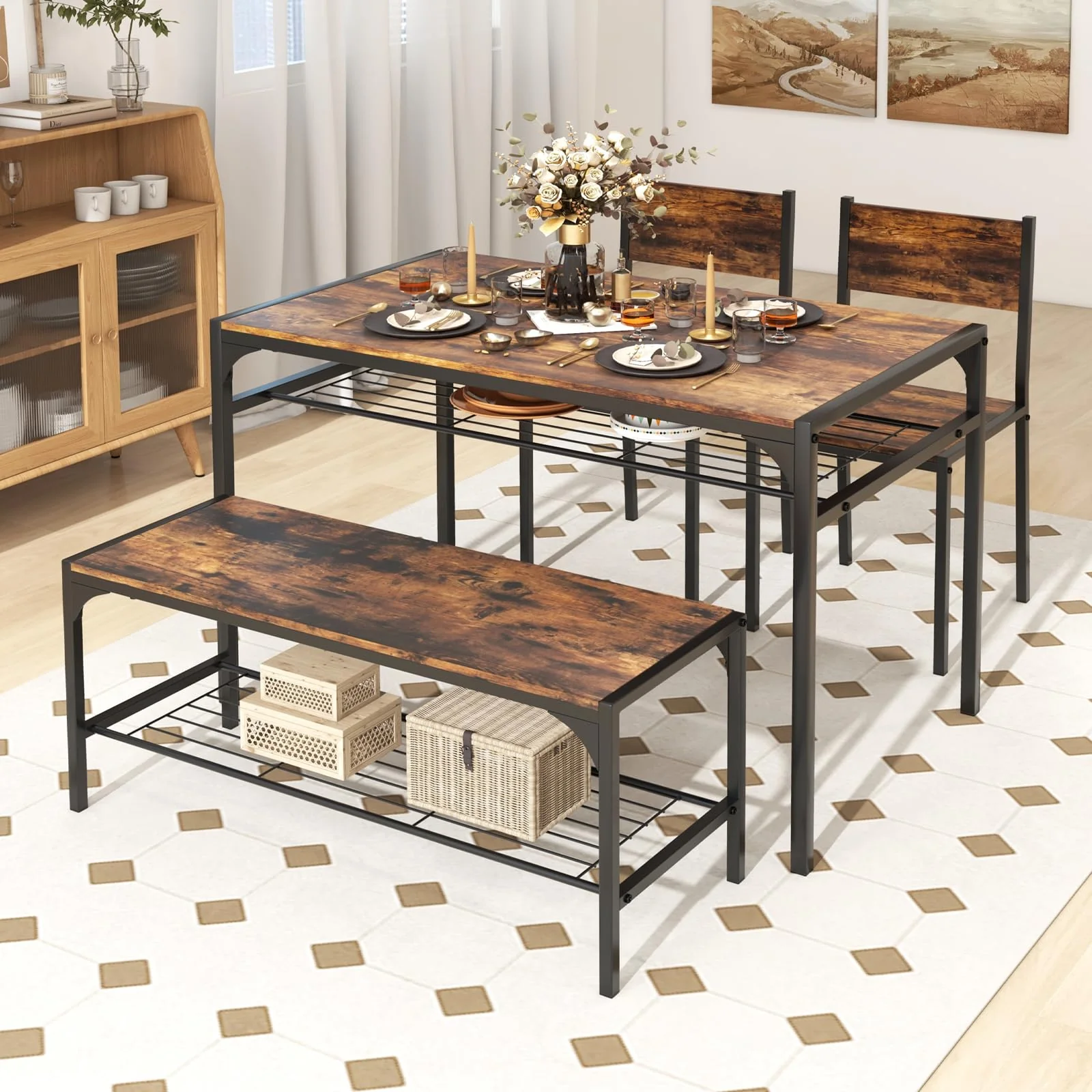 BEFOUNDLOVELY 4 Pieces Dining Table Set, Kitchen Table and 2 Chairs for 4 with Bench, Storage Racks