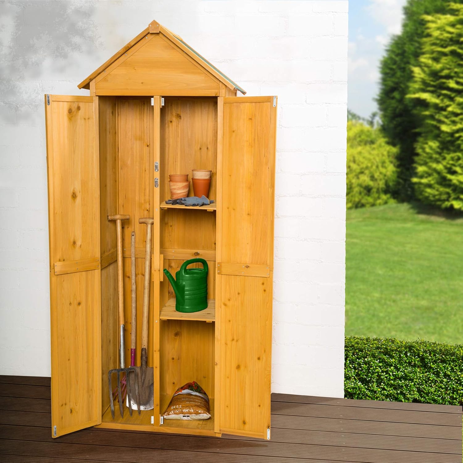 tectake® Armadio da Giardino con Tetto a Punta, Ripostiglio da Esterno con 2 Piani d'Appoggio, 2 Porte Richiudibili con Chiavistello in Acciaio, Mobile Giardino per Ricovero Attrezzi - Marrone