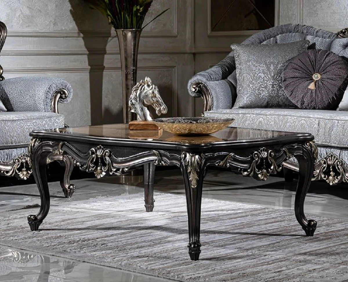 Luxury baroque coffee table beige / dark gray / gold - handmade solid wood living room table - living room furniture in baroque style
