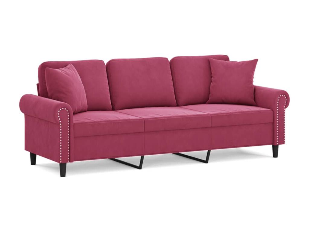Sofá de 3 plazas con cojines terciopelo rojo tinto 180 cm