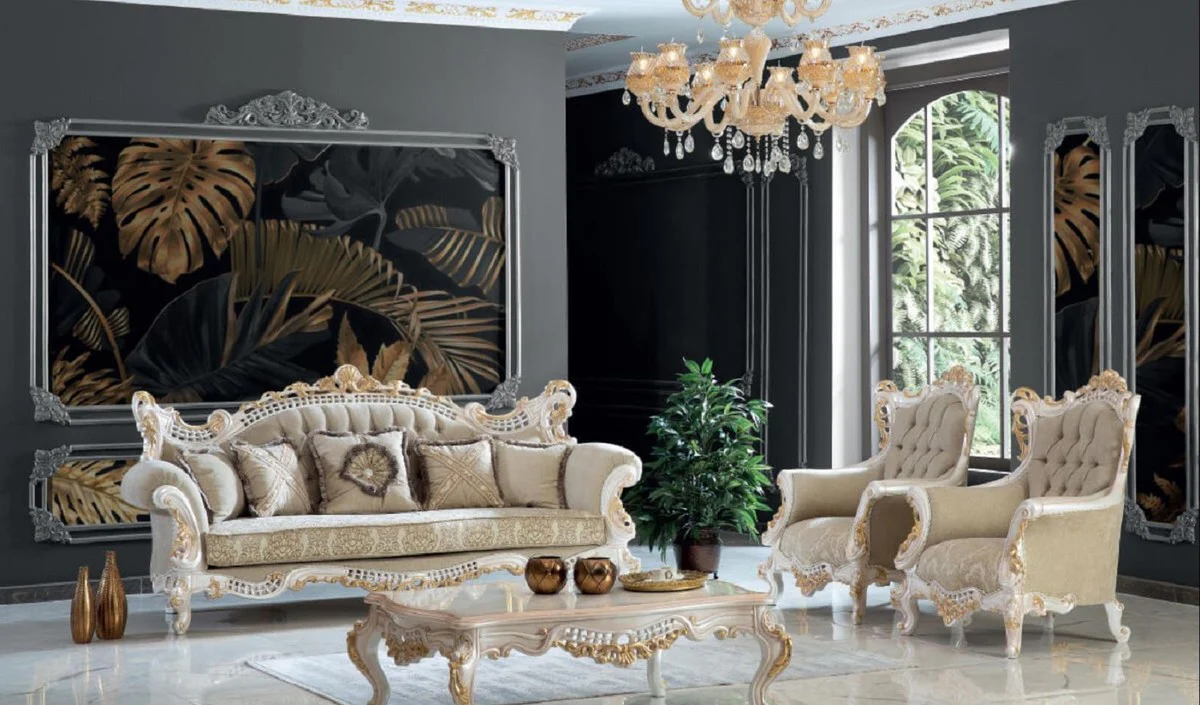 Luxury baroque living room table cream / gold 140 x 90 x H. 55 cm - Noble solid wood coffee table in baroque style - Baroque living room furniture