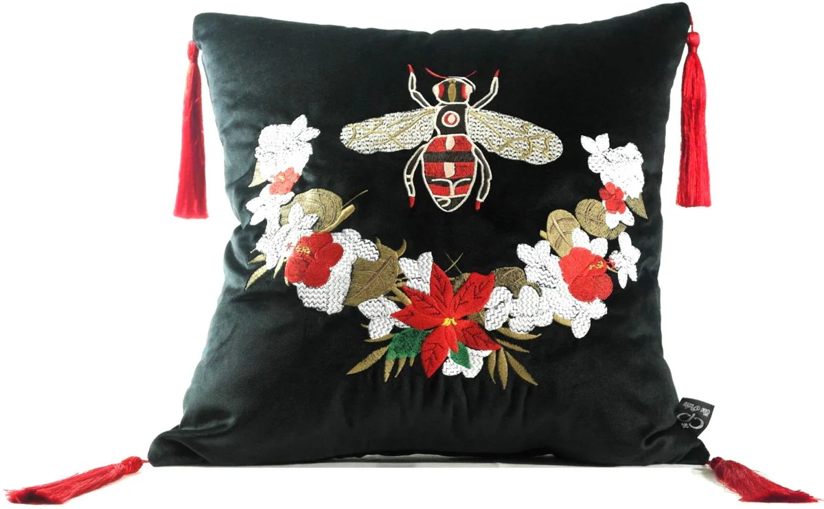 Luxury decorative cushion with tassels Bee black / multicolored 45 x 45 cm - Finest velvet fabric - Luxury decorative accessories
