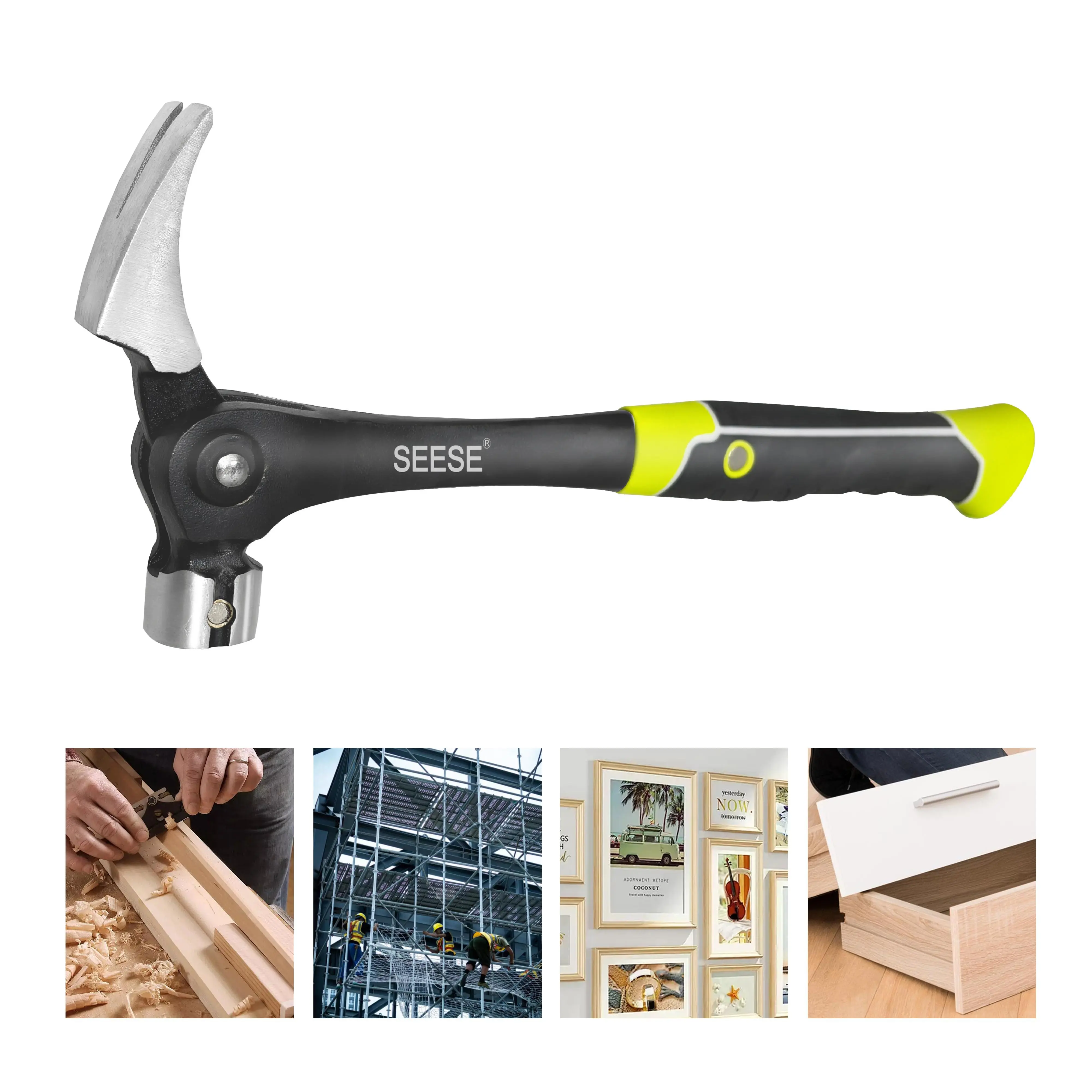 SEESE 16oz Claw Hammer with Magnetic Nail Starter, Indexing Rip Claw, Forged Steel Head, Shock-Absorbing TPR Grip, Heavy Duty Framing & DIY Tool