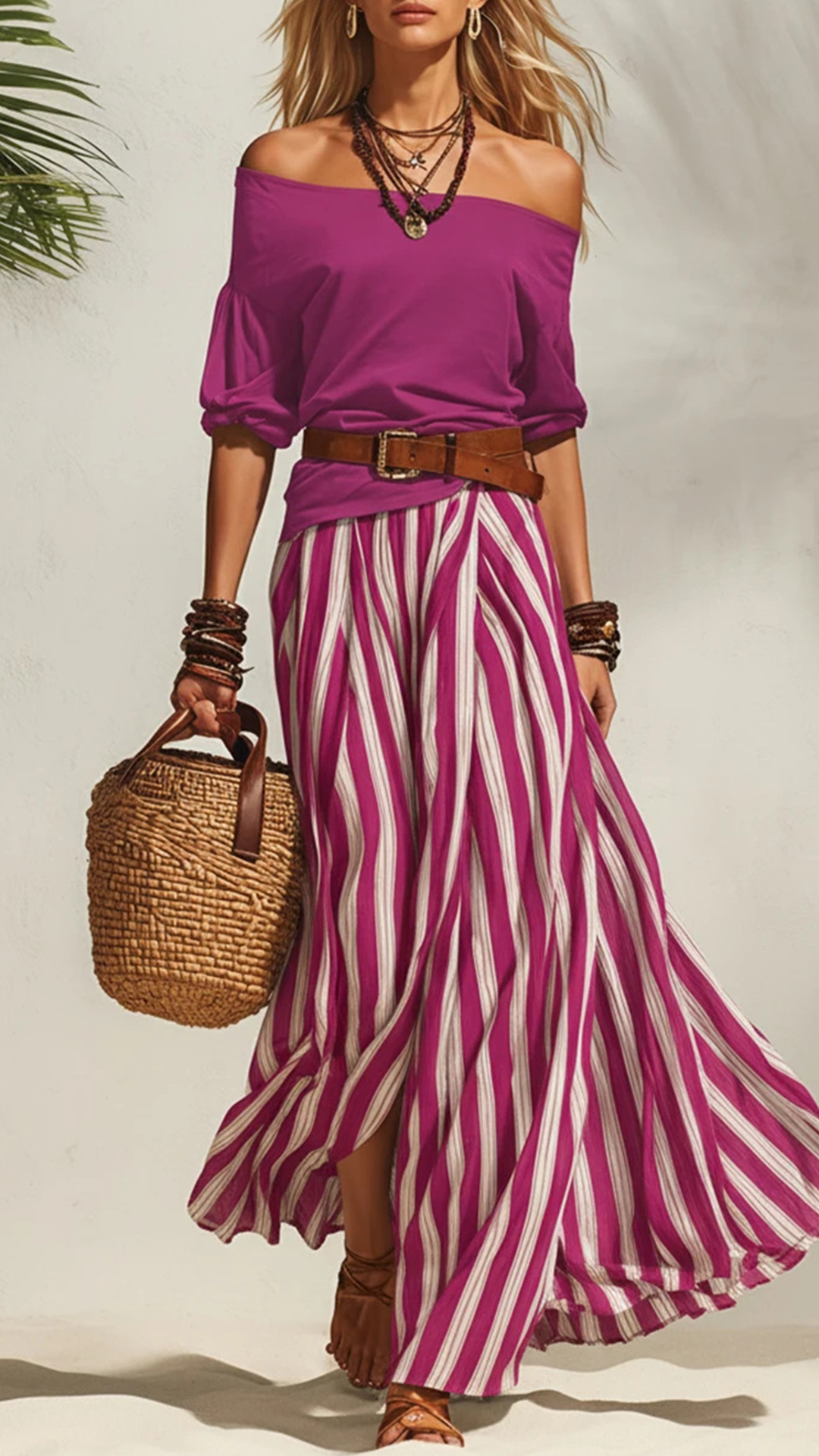 Women's Cotton‑blend Off‑the‑shoulder Mid‑sleeve Top & Blue‑white Striped Slit Maxi Skirt Set - Nordfashionstorm - Women's Clothing, Fashion for You - Nordfashionstorm.com