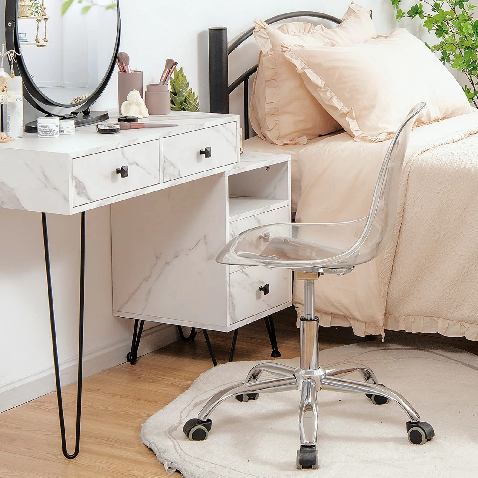 BEFOUNDLOVELY Acrylic Clear Desk Chair, Armless Swivel Vanity Ghost Plastic Chair with Sturdy Metal Base & Smooth Wheels