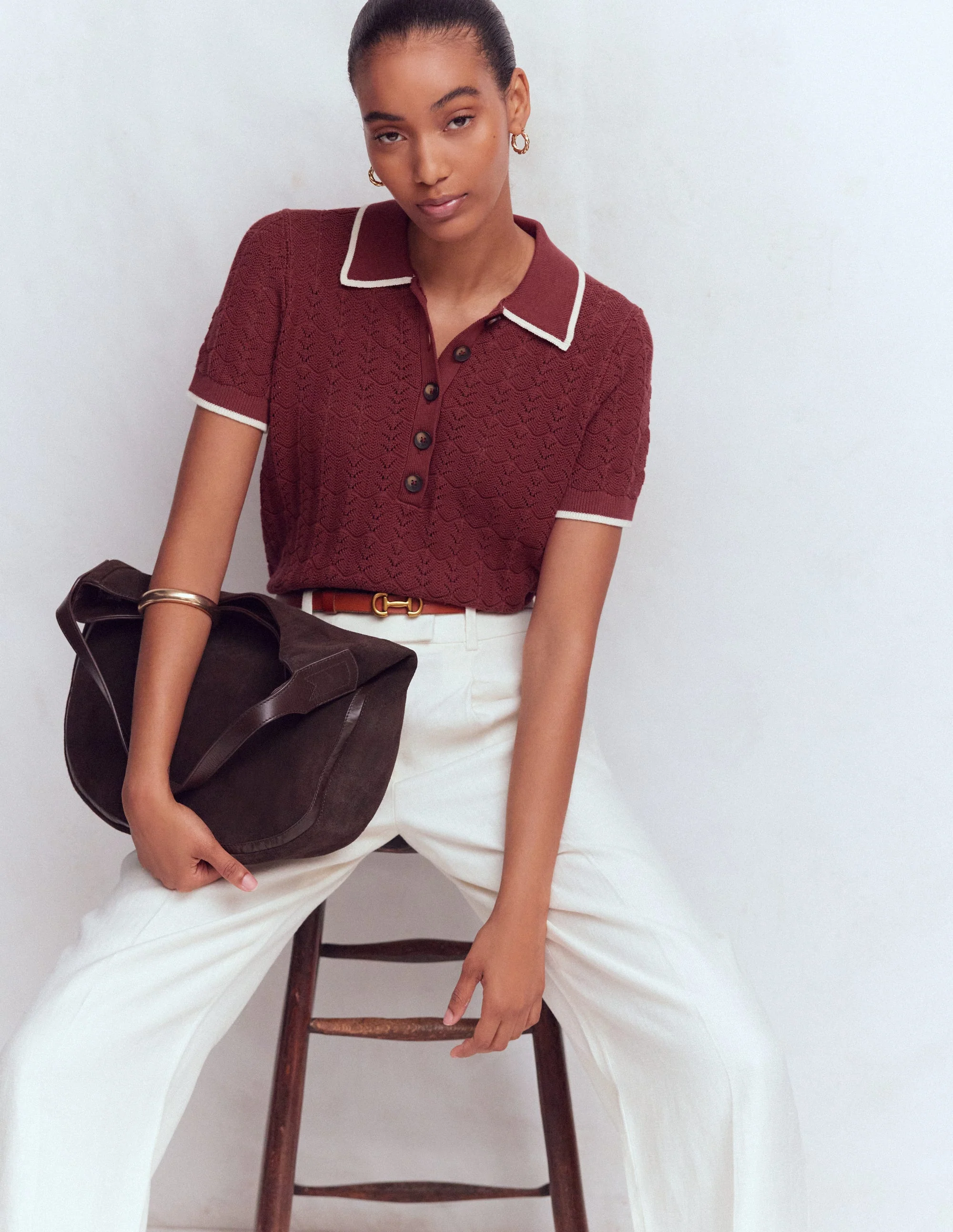 Henley-T-Shirt aus Pointelle-Sattes Kastanienbraun