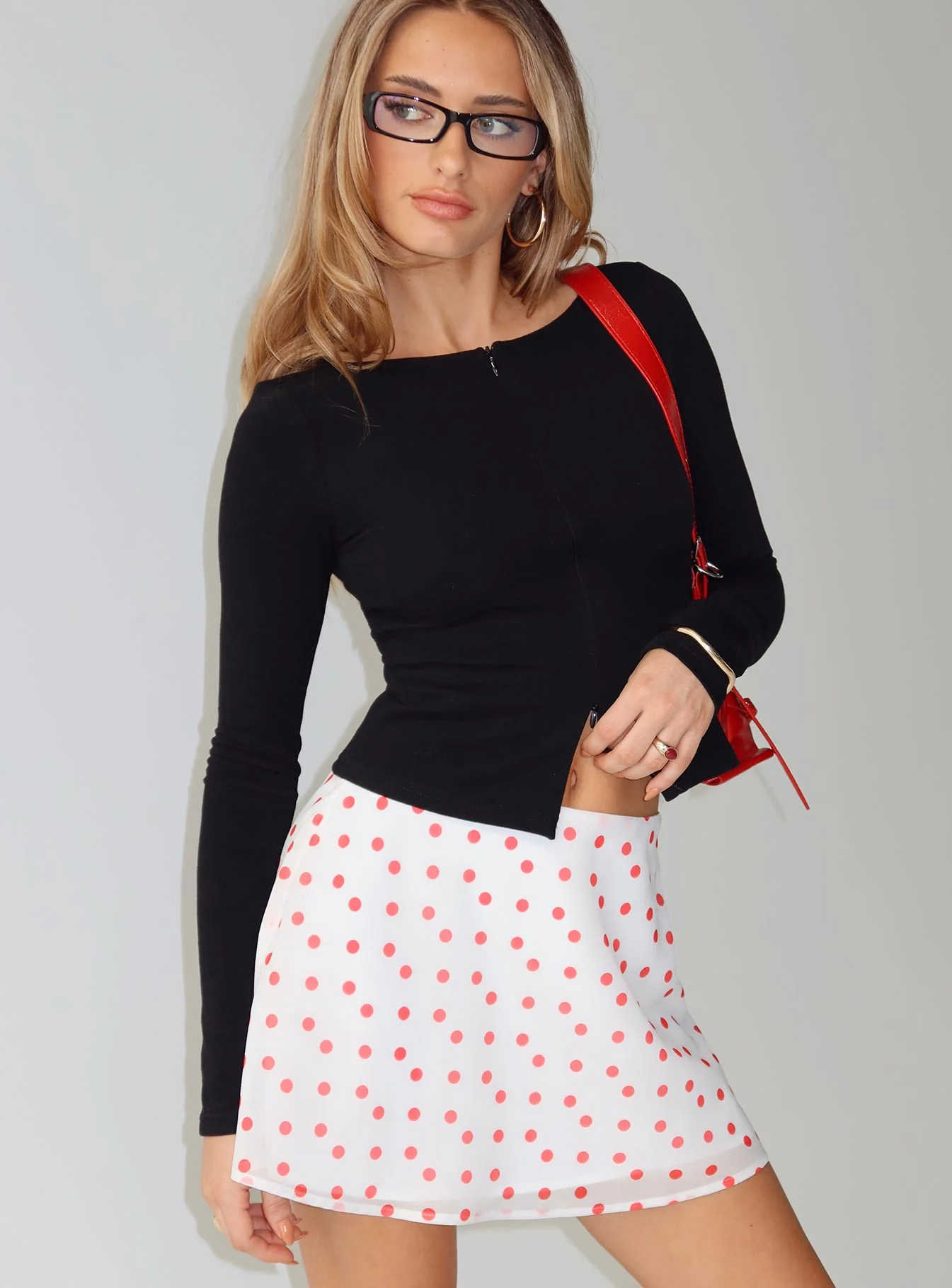 Dapple Bias Mini Skirt White / Red Polka