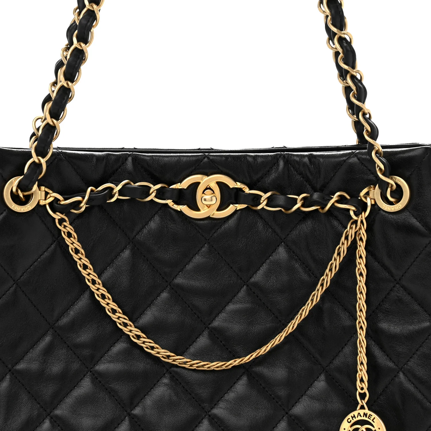 Shiny Calfskin Quilted Fancy Jewel Tote Bag Black - Top Club