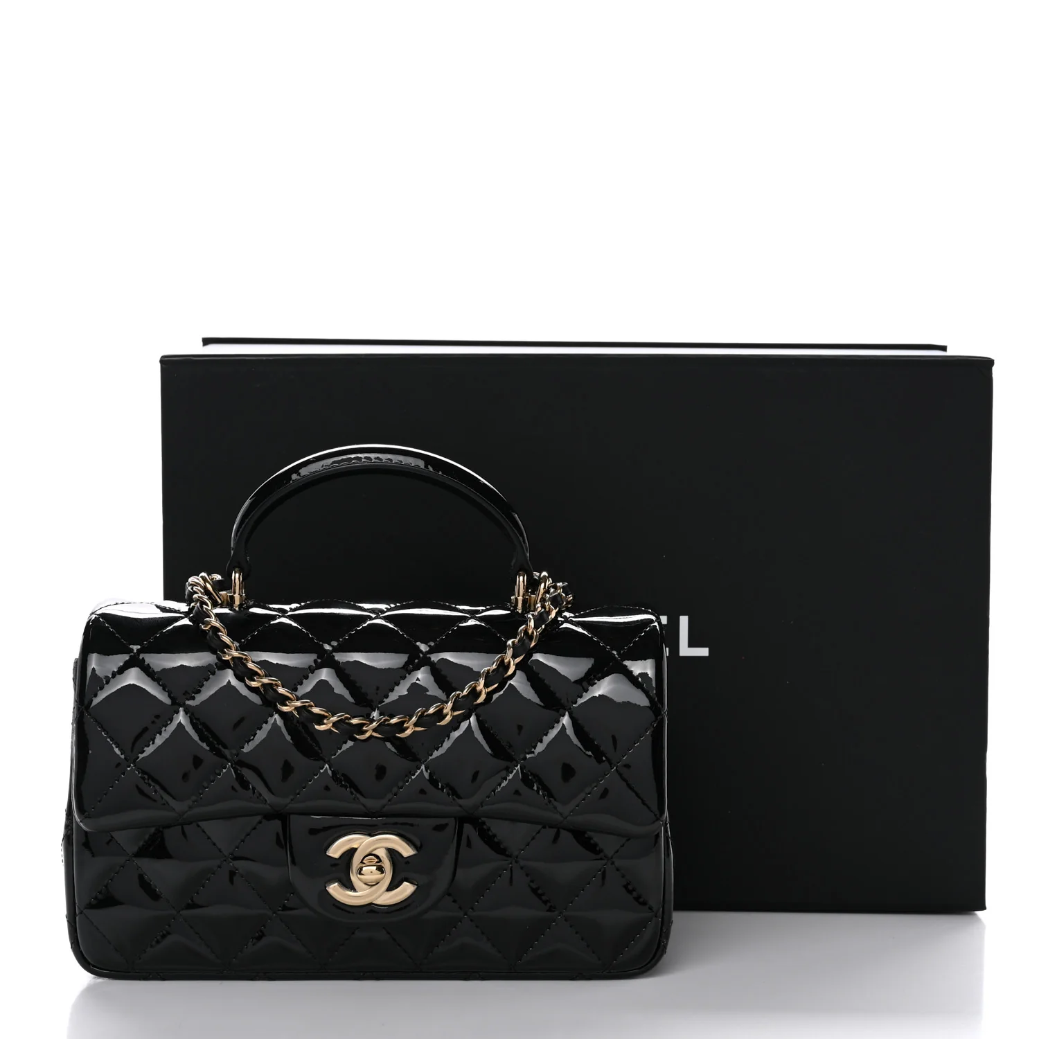 Patent Quilted Mini Top Handle Rectangular Flap Black - Top Club