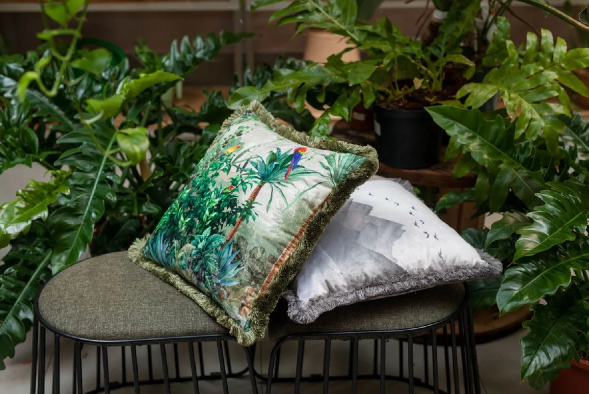 Luxury decorative cushion jungle & parrots multicolored / green 45 x 45 cm - printed velvet cushion with fringes - living room decorative accessories