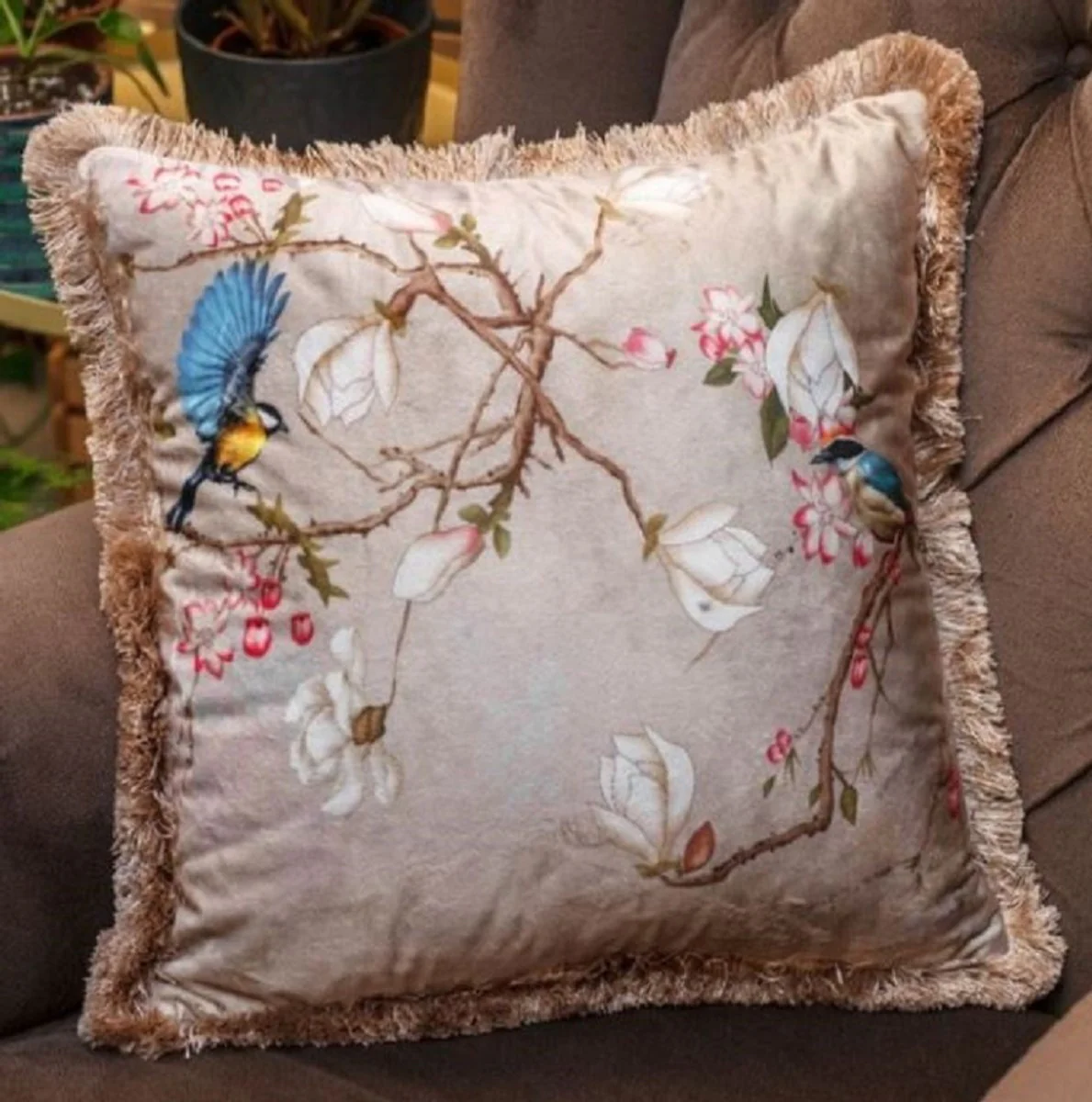 Luxury decorative cushion birds beige / multicolored 45 x 45 cm - printed velvet cushion with fringes - living room decorative accessories