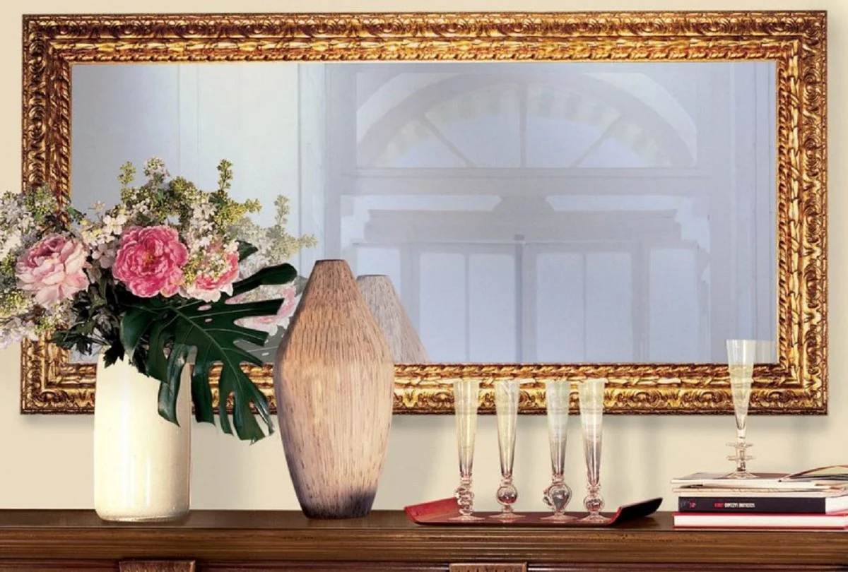 Luxury baroque mirror gold 148 x 5.5 x H. 90 cm - noble solid wood wall mirror in baroque style - antique style wardrobe mirror - living room mirror - baroque furniture