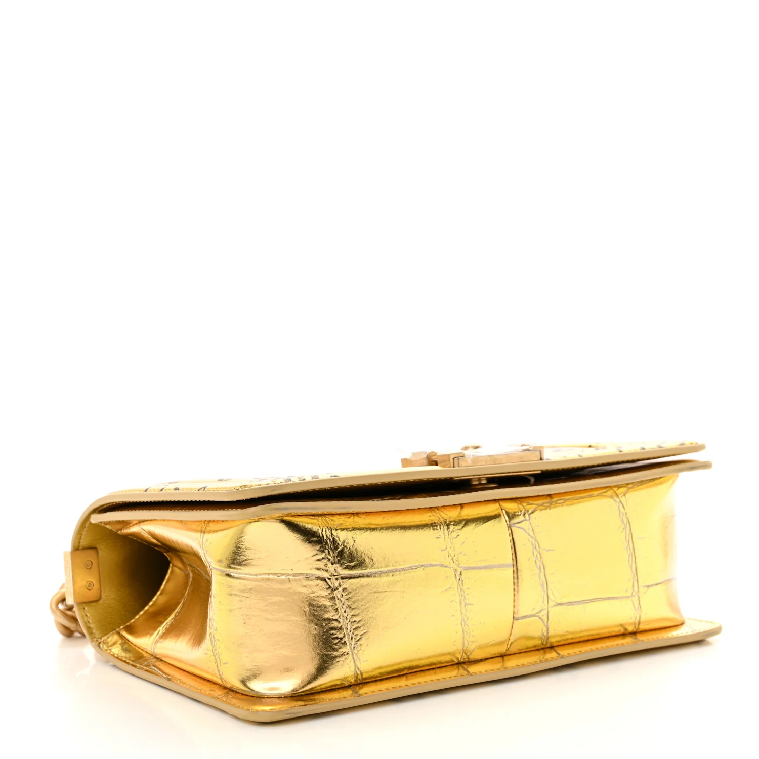Metallic Calfskin Crocodile Embossed Graffiti Medium Cocodile Boy Flap Gold - Top Club
