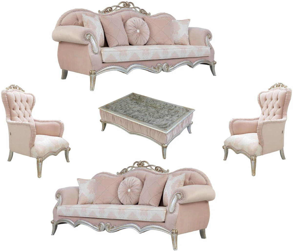 Luxury baroque living room set pink / silver / gold - 2 sofas with cushions & 2 armchairs & 1 coffee table - living room furniture in baroque style - noble baroque furniture
