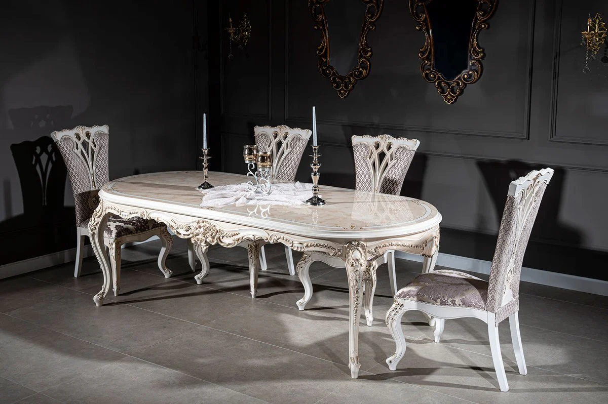 Luxury baroque dining table beige / white / gold 247 x 110 x H. 80 cm - Oval solid wood dining room table - Baroque dining room furniture - Noble & magnificent