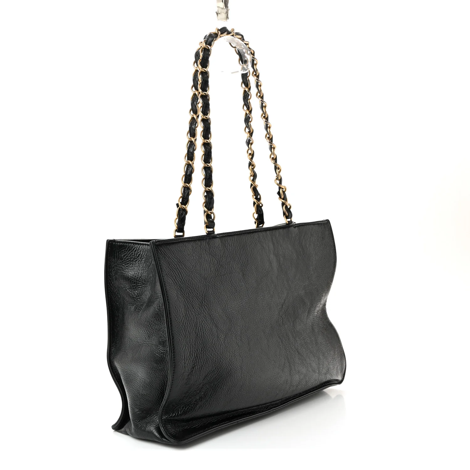 Shiny Aged Calfskin Shopping Bag Black - Top Club