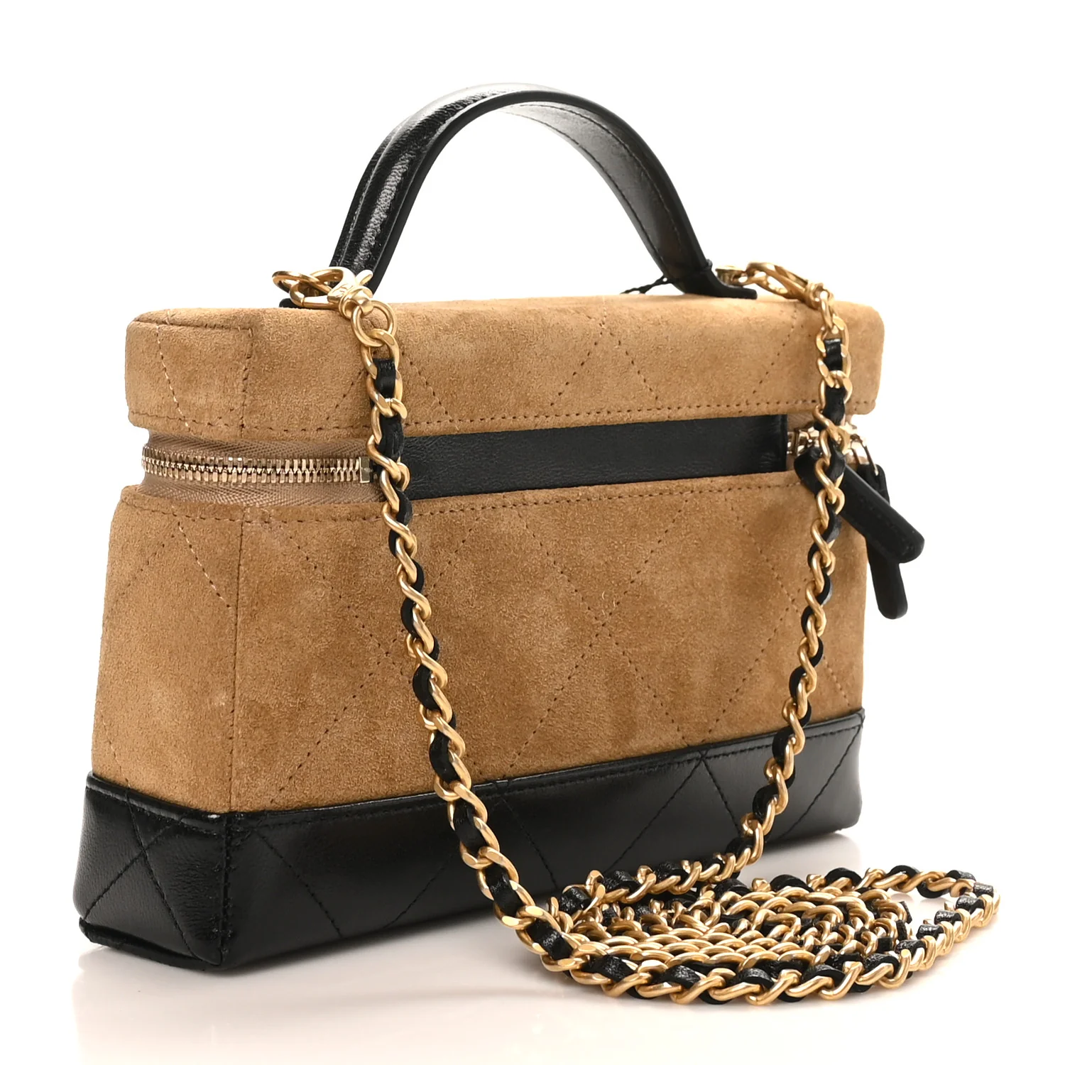 Suede Calfskin Shiny Lambskin Quilted Top Handle Slim Vanity Case With Chain Beige Black - Top Club