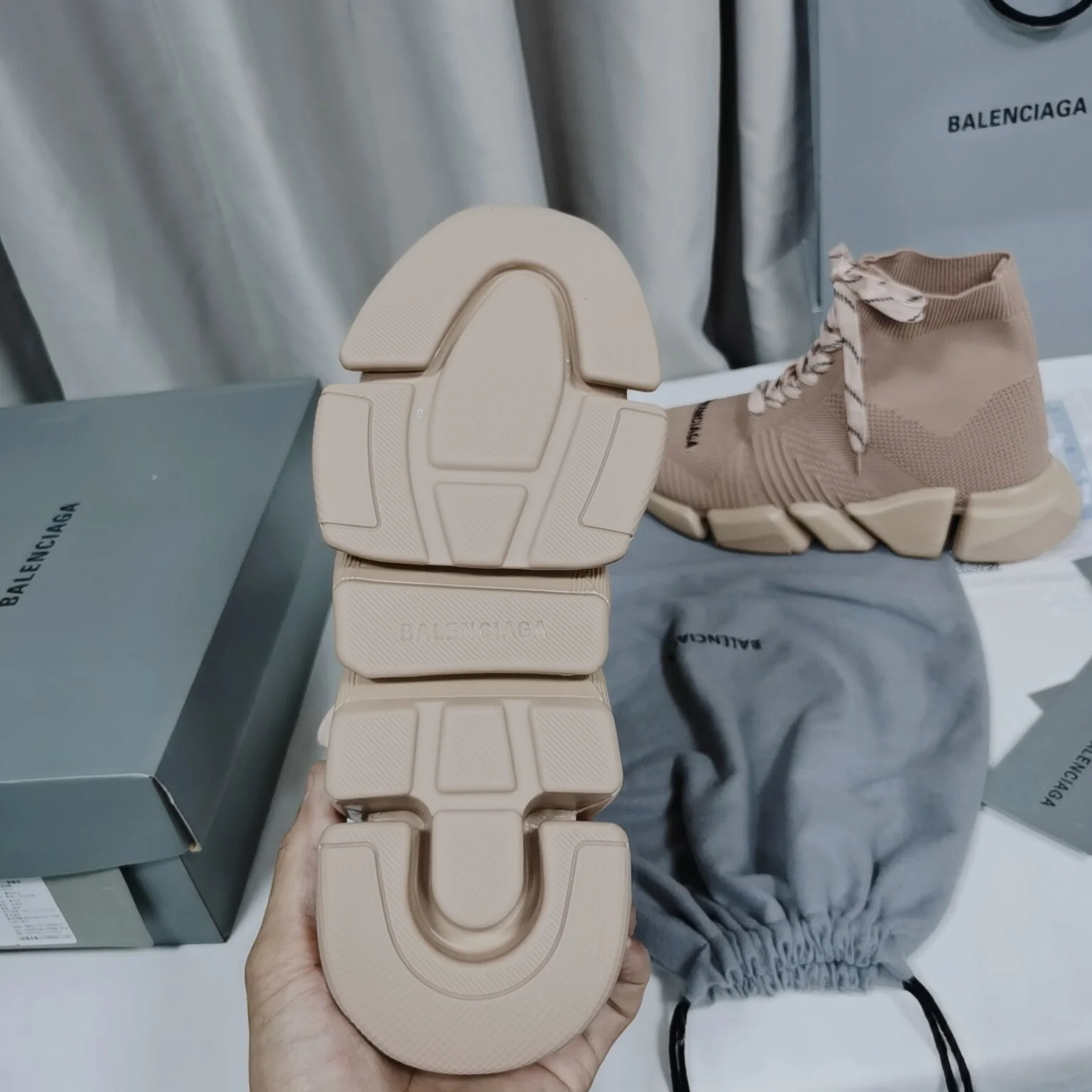 Balenciaga Unisex Beige Lace-up Sock Sneakers Stylish Footwear for Fashion-conscious Men and Women - Sneaker Replica Workshop