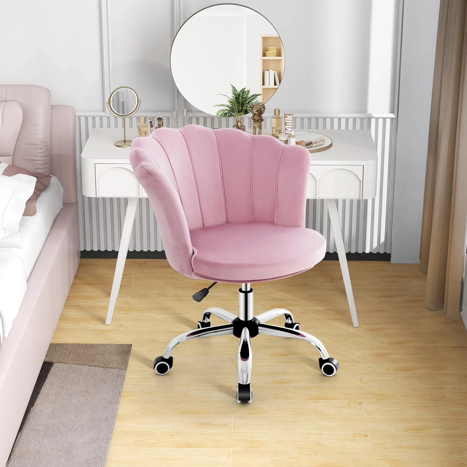 BEFOUNDLOVELY Velvet Office Desk Chair Pink, Modern Vanity Chair with Seashell Back