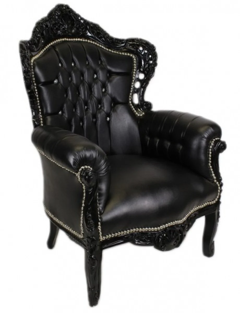 Baroque armchair King black leather look with bling bling rhinestones - luxury collection