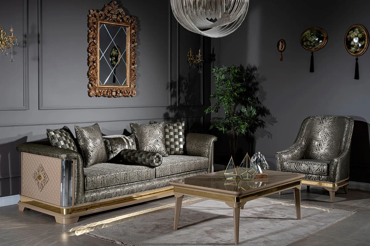 Luxury Art Deco coffee table beige / gold 120 x 80 x H. 45 cm - solid wood living room table - Art Deco living room furniture