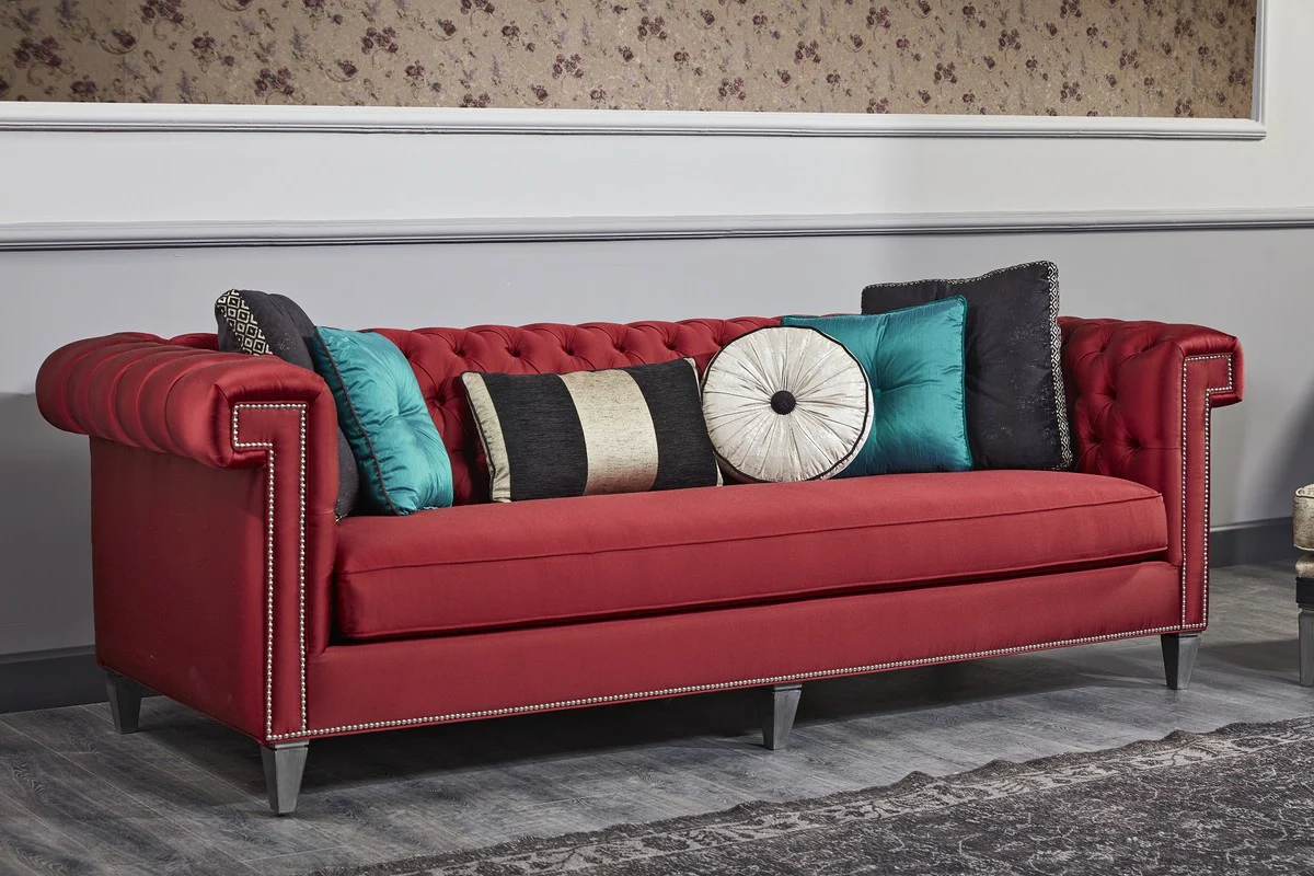 Luxury Baroque Chesterfield sofa red / silver 249 x 102 x H. 81 cm - Chesterfield living room furniture
