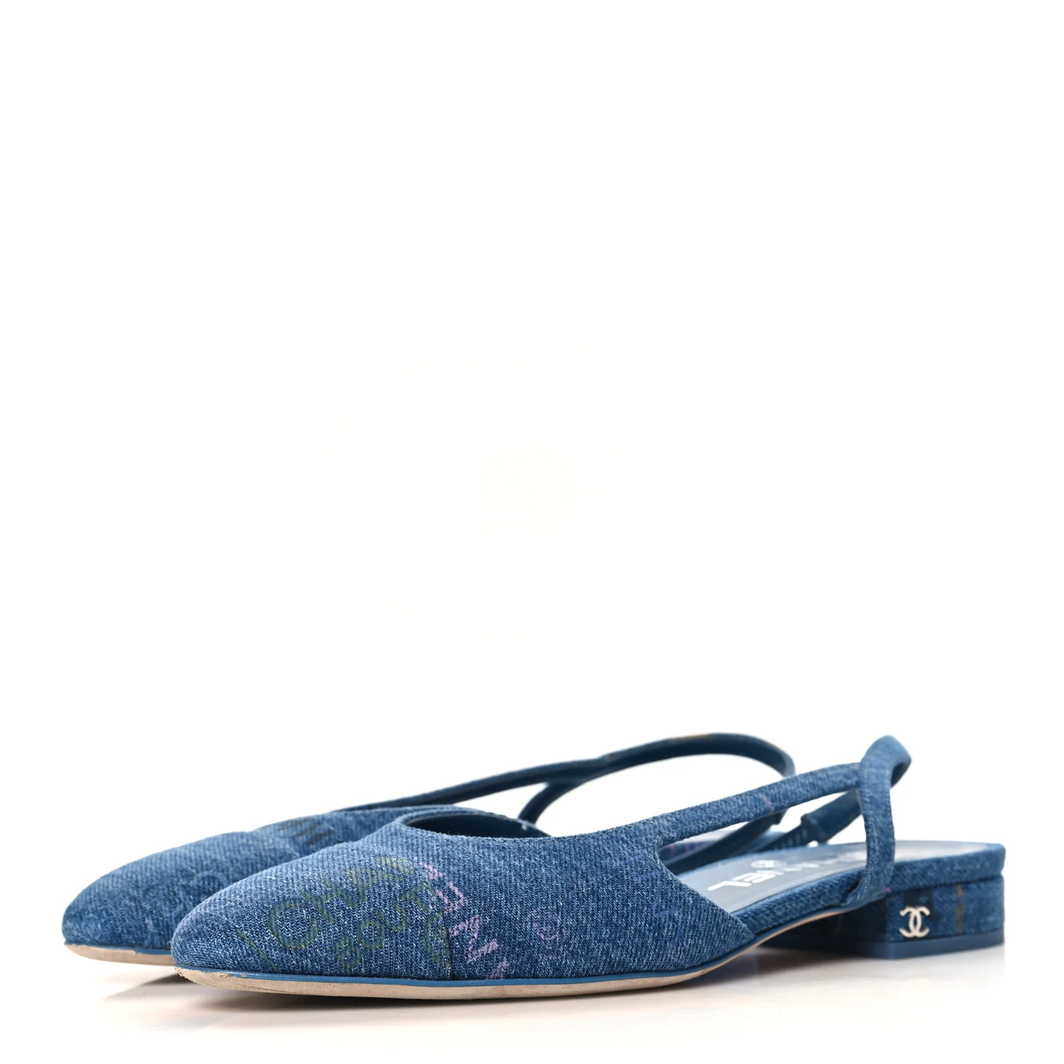 Denim Printed Denim Mood Cap Toe CC Slingback Flats 36 Light Blue Multicolor - Top Club