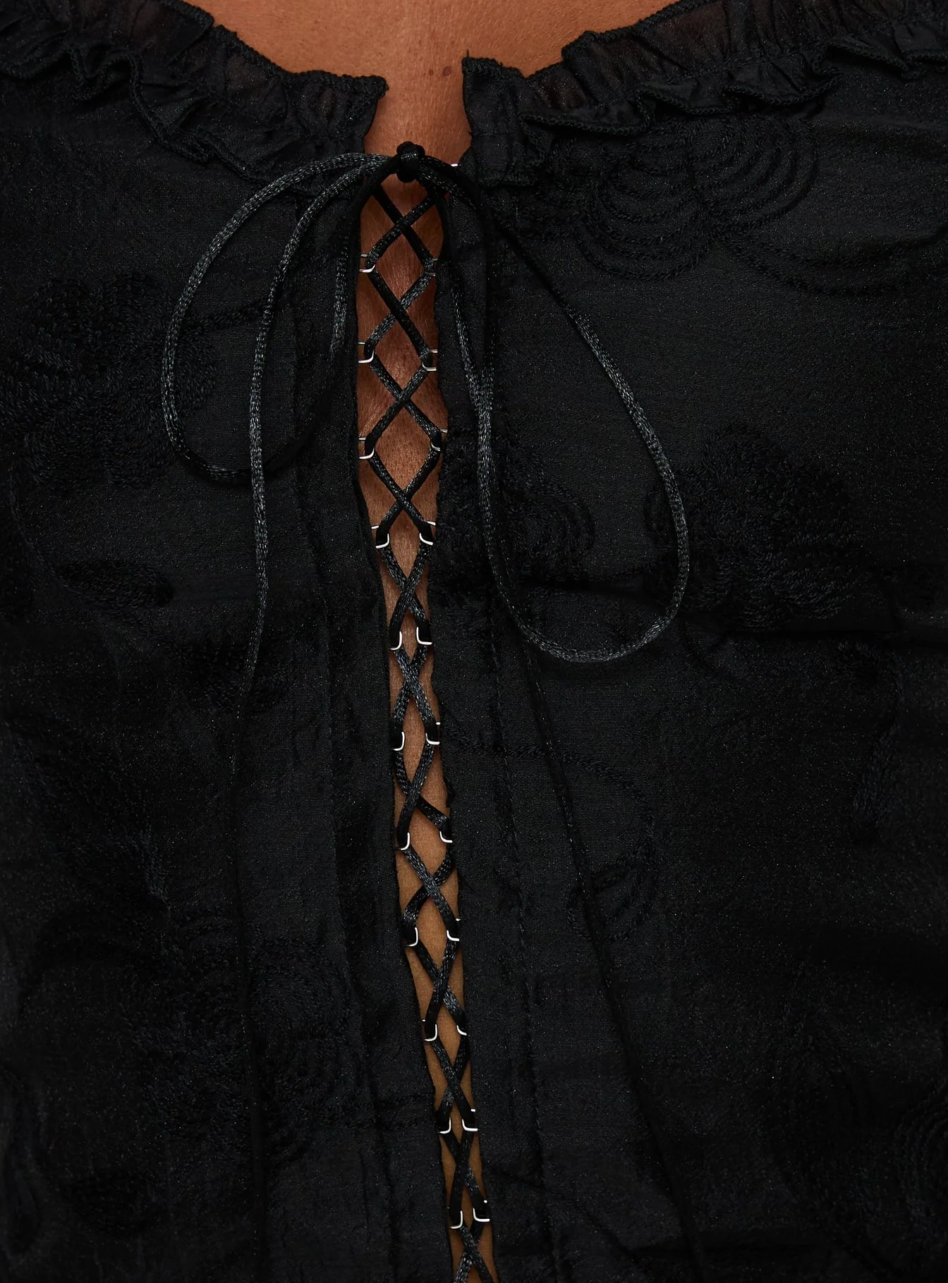 Angeleah Tie Up Frill Detail Top Black