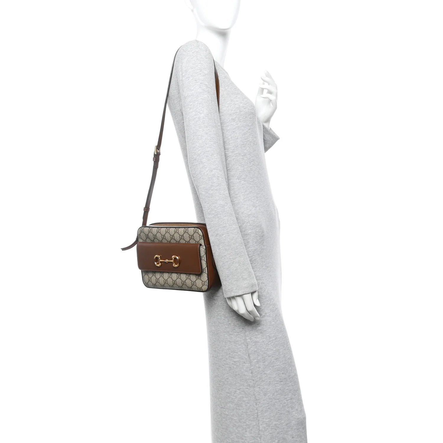 GG Supreme Monogram Small Horsebit 1955 Shoulder Bag Beige Brown Sugar