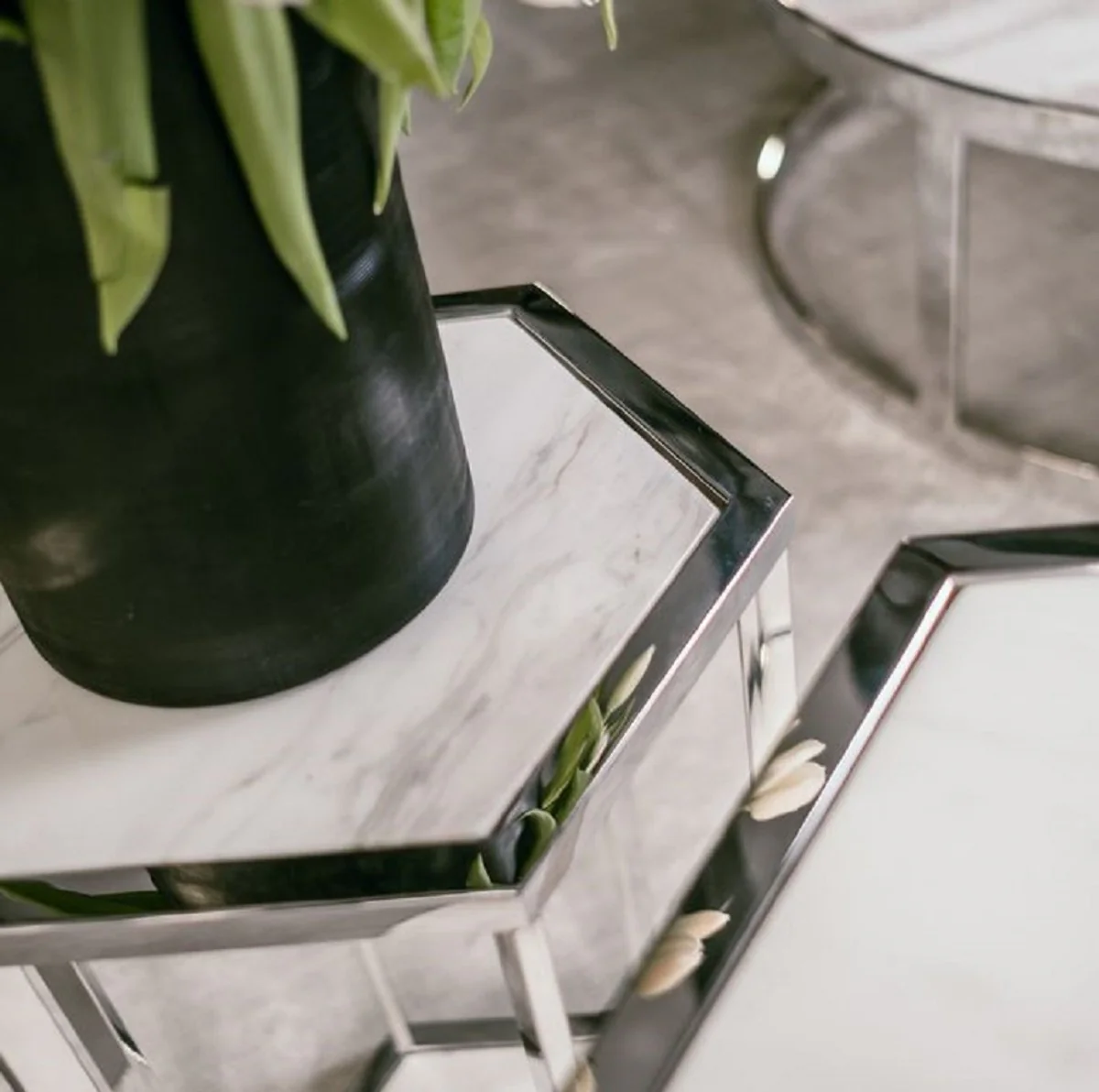 Luxury side table set silver / white - stainless steel tables with marble tops - luxury collection