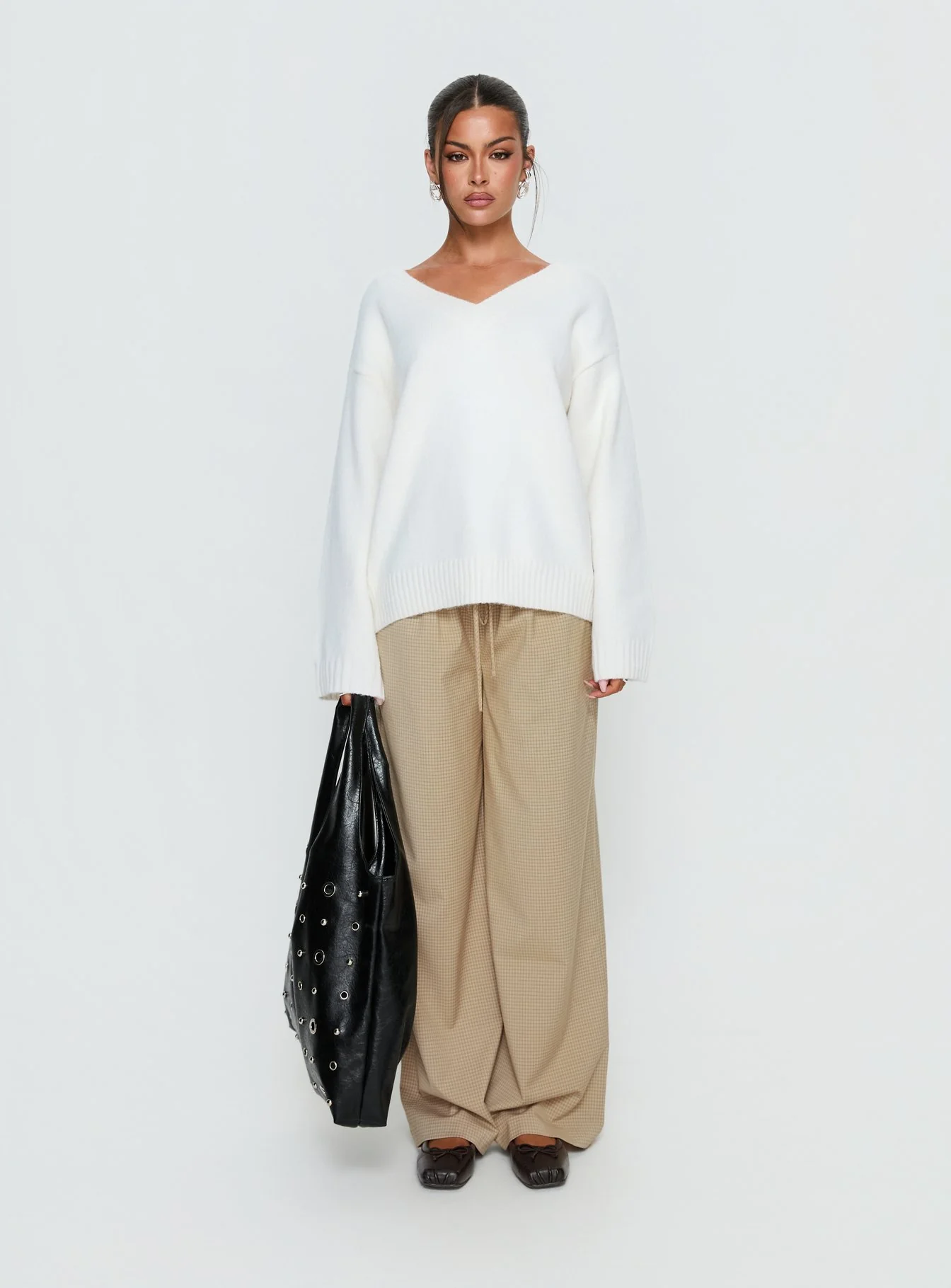 Ketrina Tie Waist Pants Beige Plaid