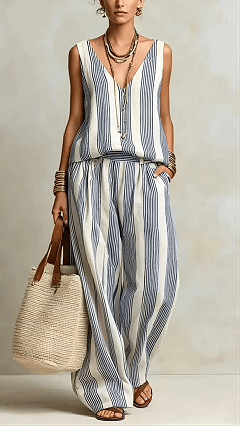 Women's Cotton-Blend Blue and White Vertical Striped Loose Sleeveless Set - Nordfashionstorm - Women's Clothing, Fashion for You - Nordfashionstorm.com