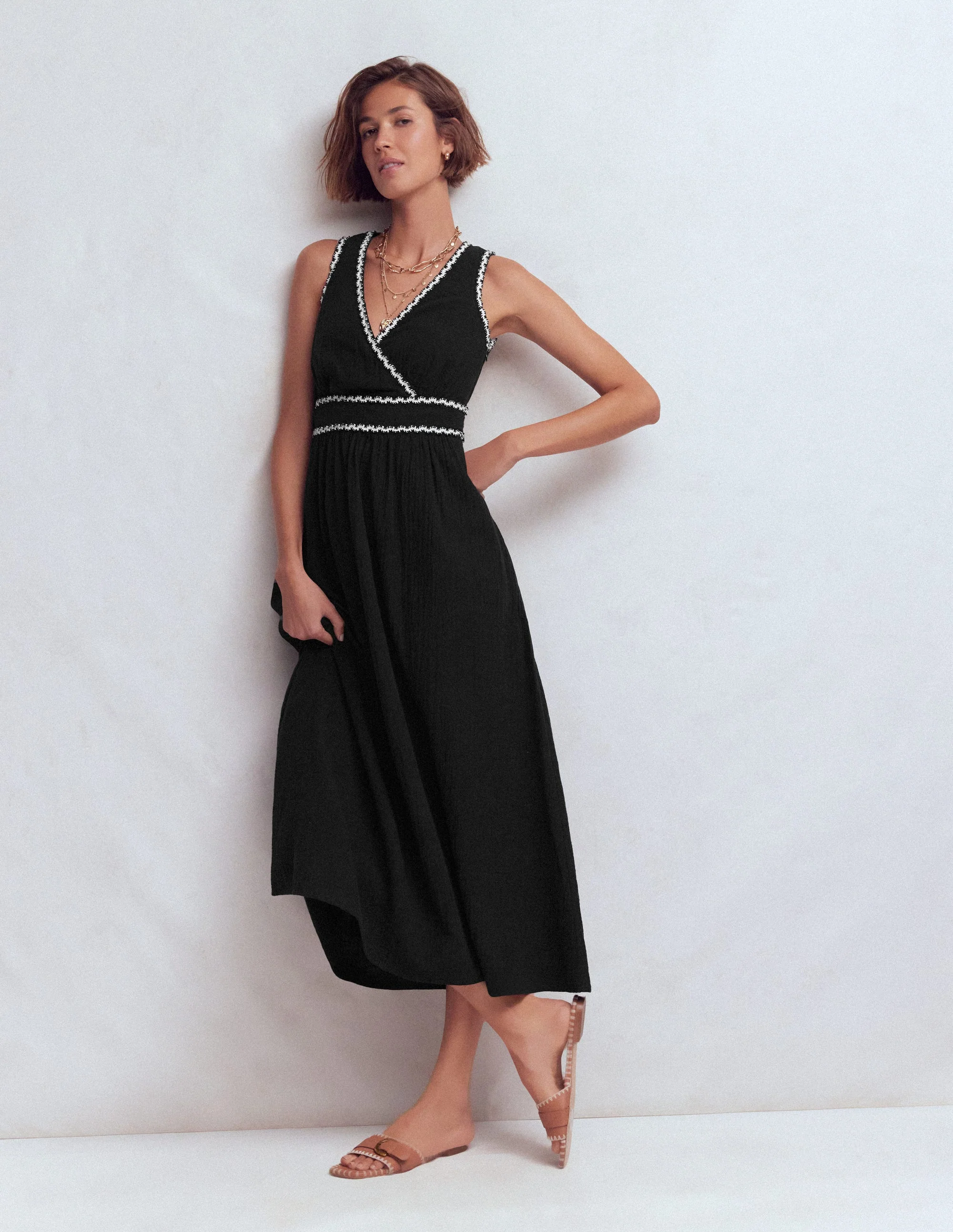 Lorna Doppeltuch-Kleid mit Besatz-Schwarz Naturweiß