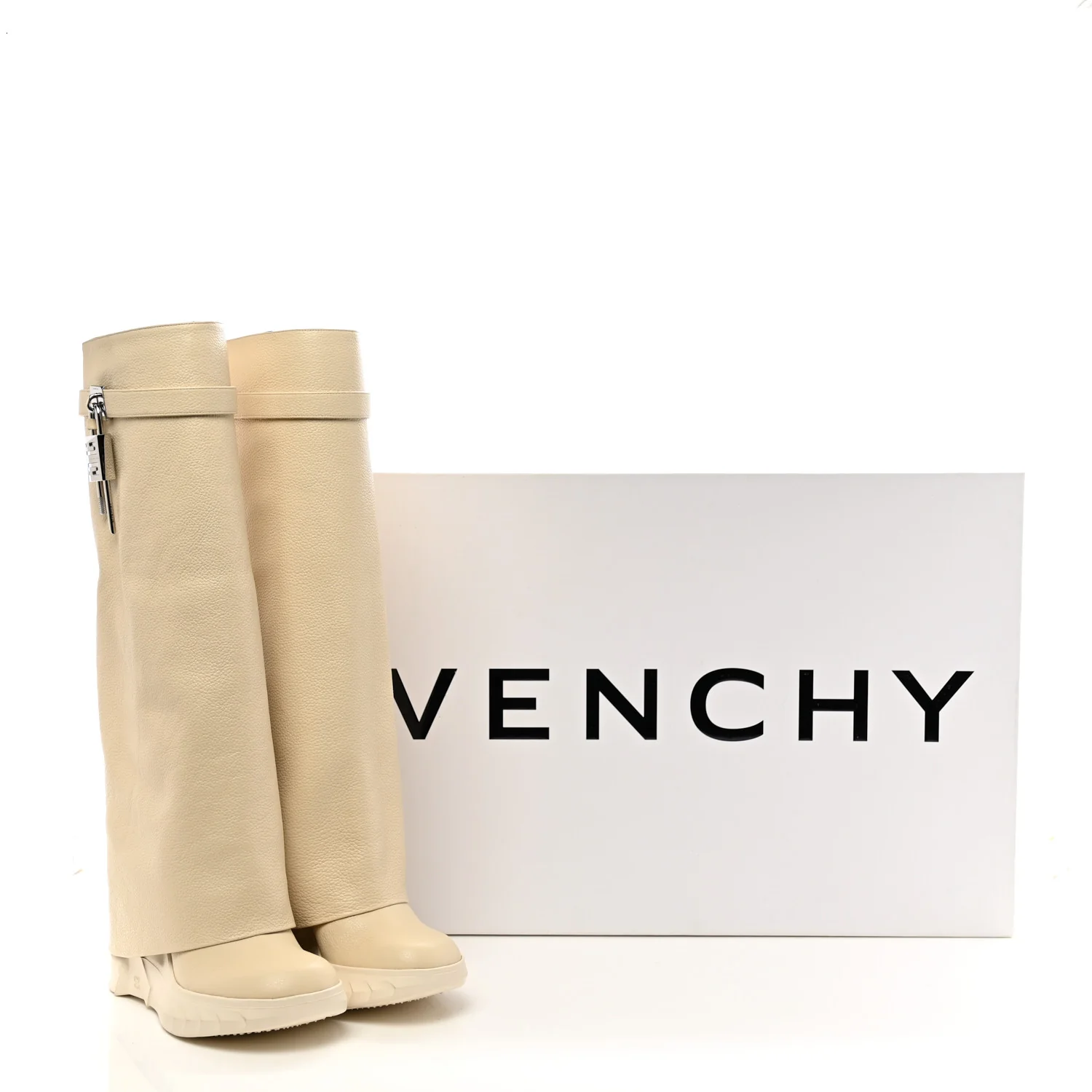Grained Calfskin Shark Lock Biker Knee Boots 40 Beige - Top Club