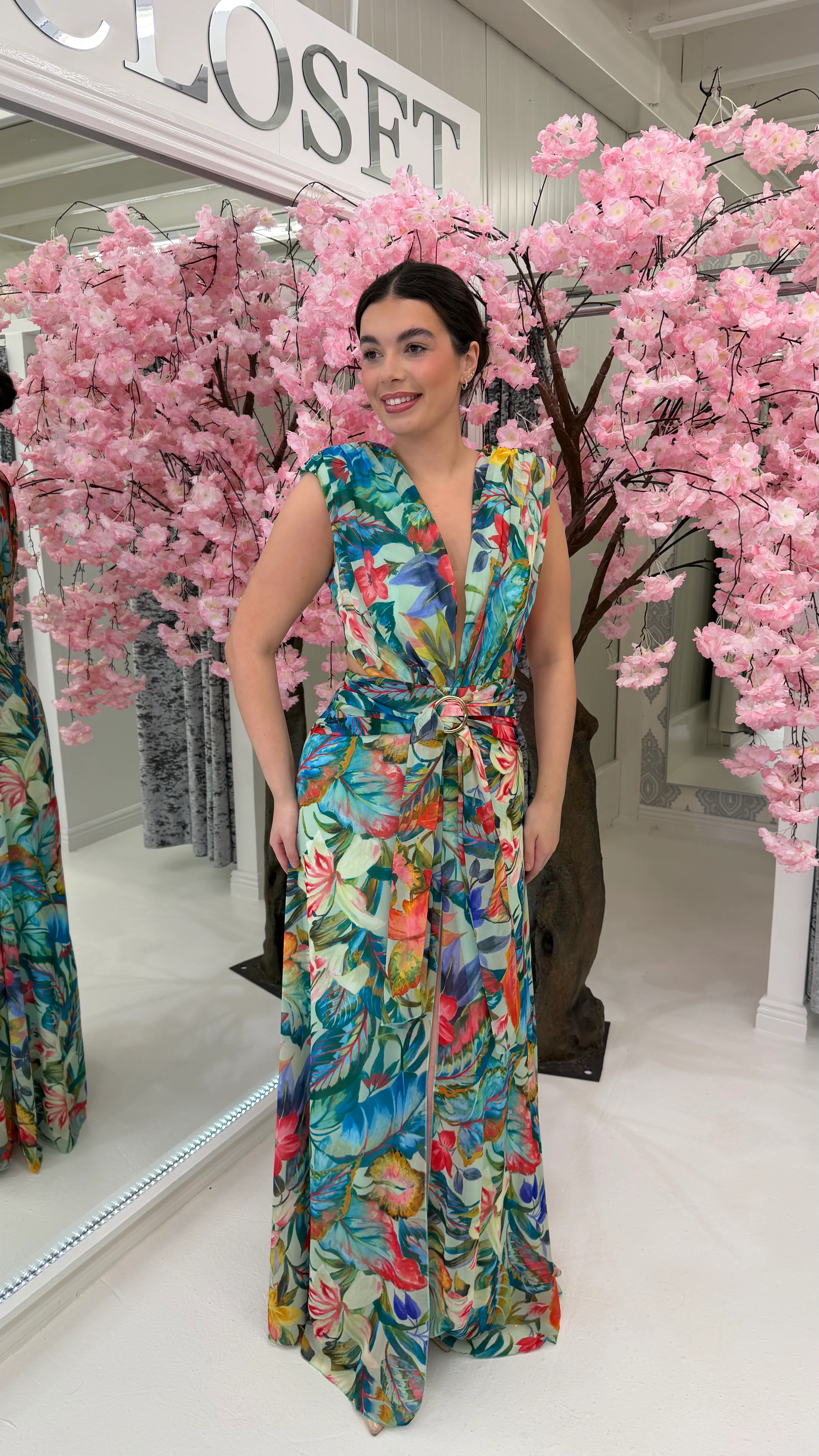 Green Multi Print Floral Cut-out Maxi Dress