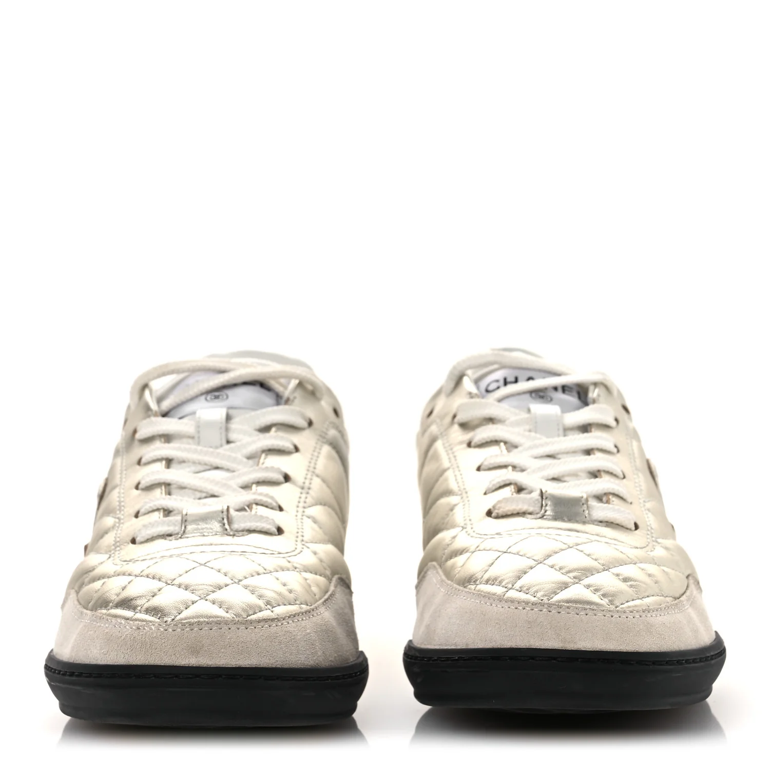 Laminated Calfskin Suede Quilted Womens CC Sneakers 39 Silver White - Top Club