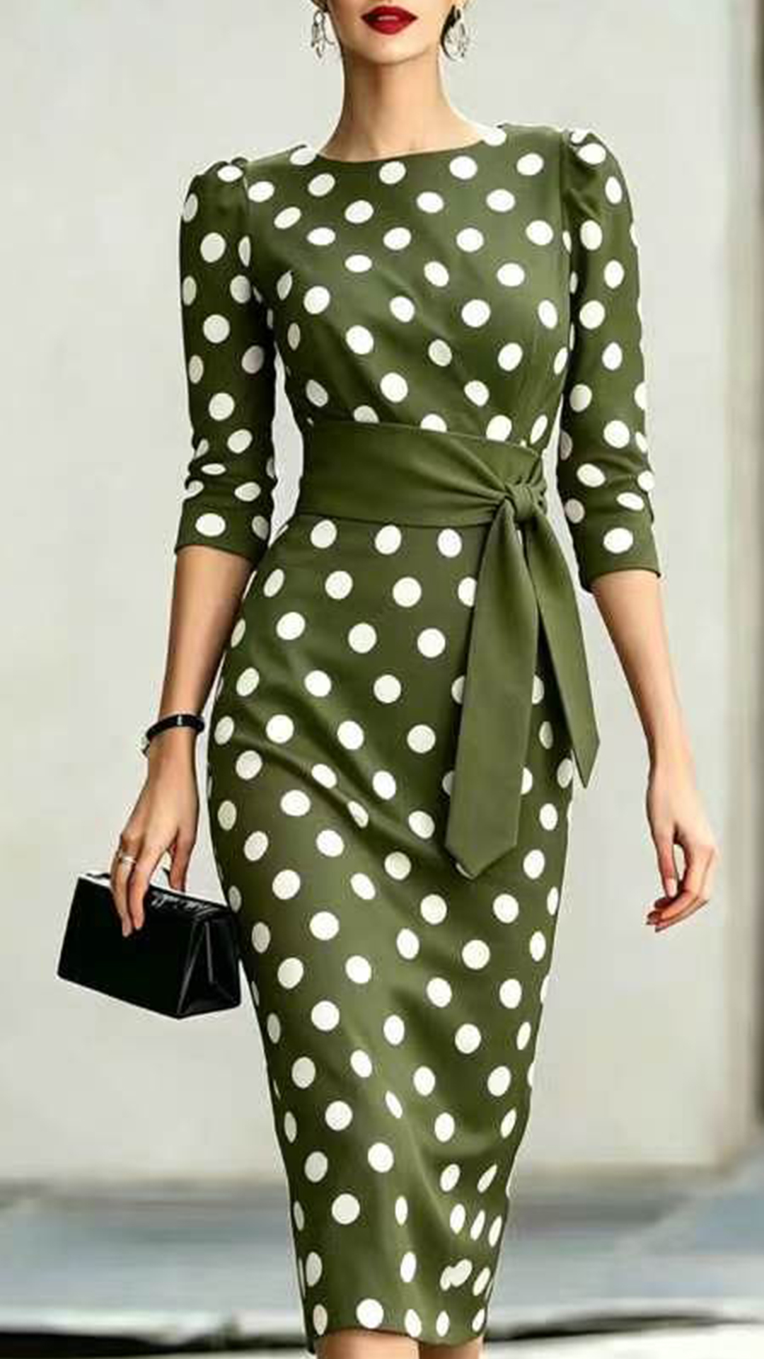 Women's Cotton‑blend Black‑white Polka‑dot Boat‑neck Mid‑sleeve Tie‑waist Bodycon Midi Dress - Nordfashionstorm - Women's Clothing, Fashion for You - Nordfashionstorm.com